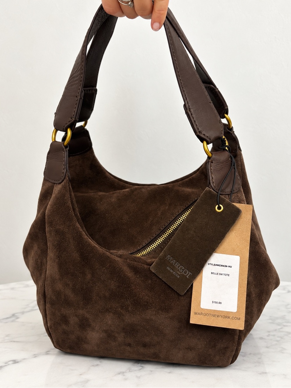 Margot New York Belle Small Tote Brown Suede Leather Hobo Shoulder Bag NWT